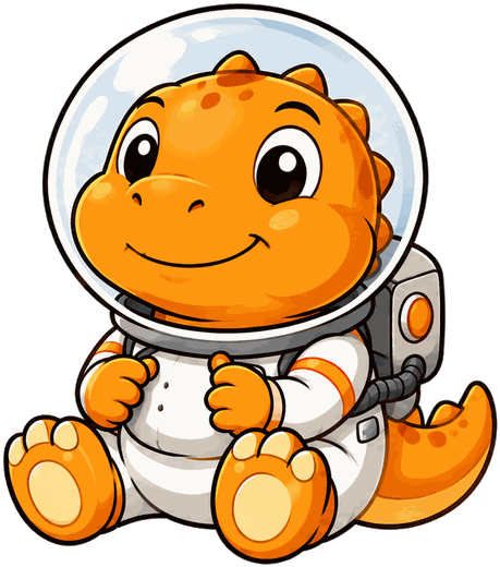 A smiling orange baby T-rex in an astronaut suit