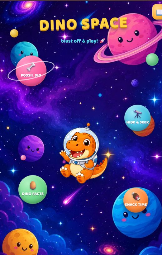 The Dino Space hub: planets floating around the astronaut dino